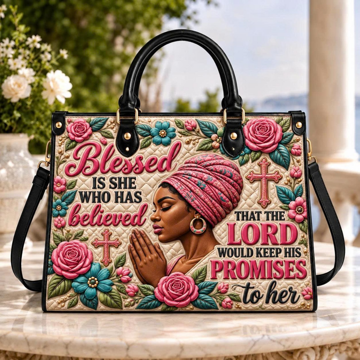 Personalized Blessed Woman Floral Leather Handbag | Christian Women & Faith Lovers