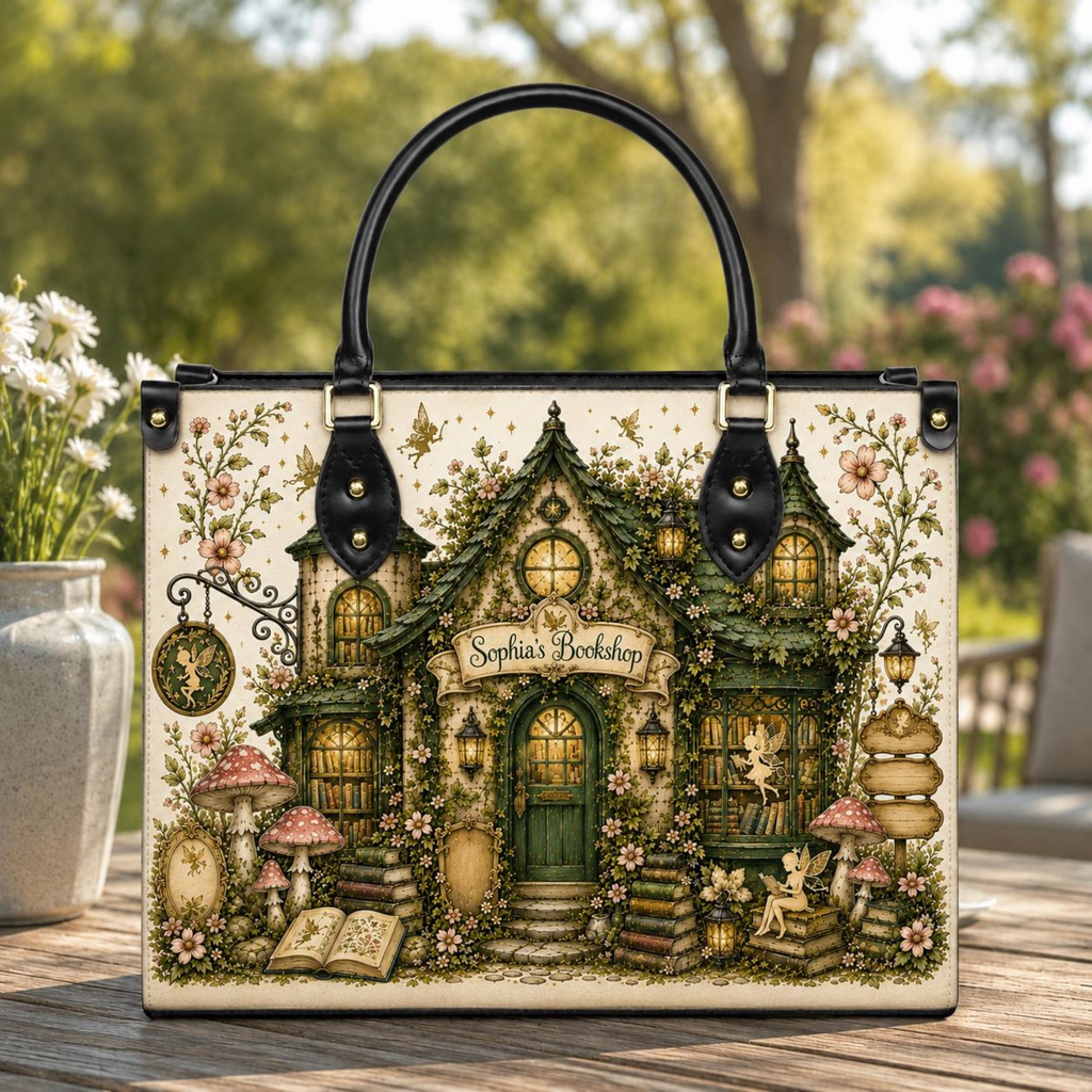 Personalized Enchanted Fairy Mushroom Bookshop Leather Handbag | Book Lovers & Readers | Handbag-book10