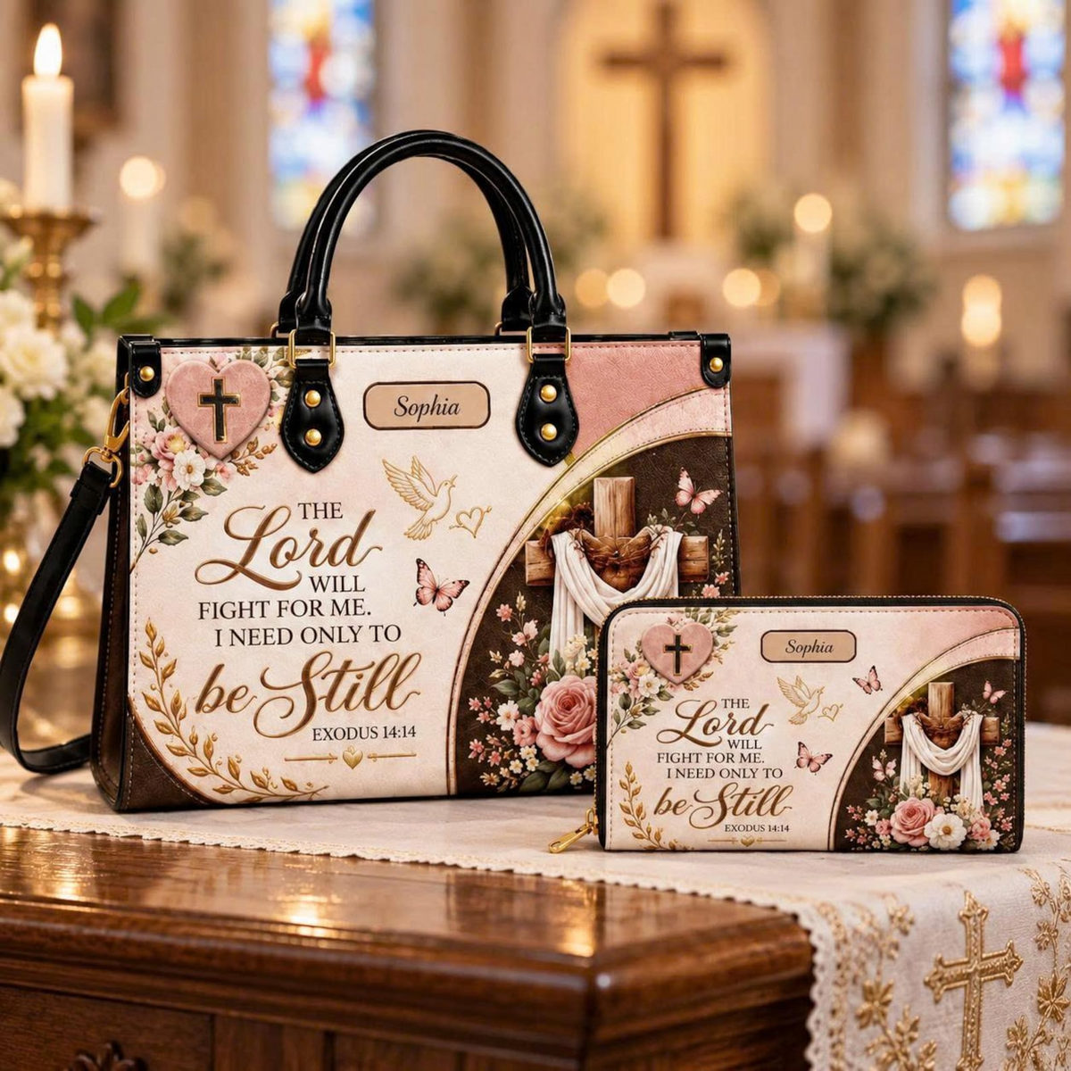 Be Still in Faith | Personalized Christian Leather Handbag & Wallet Set for Women