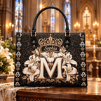 Black Floral Elegance | Personalized Monogram Initial Leather Handbag for Women