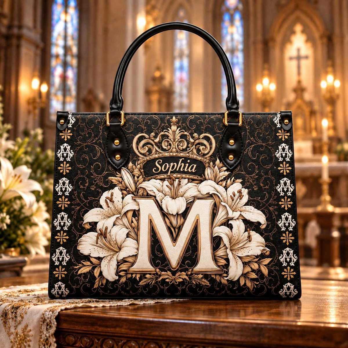 Black Floral Elegance | Personalized Monogram Initial Leather Handbag for Women