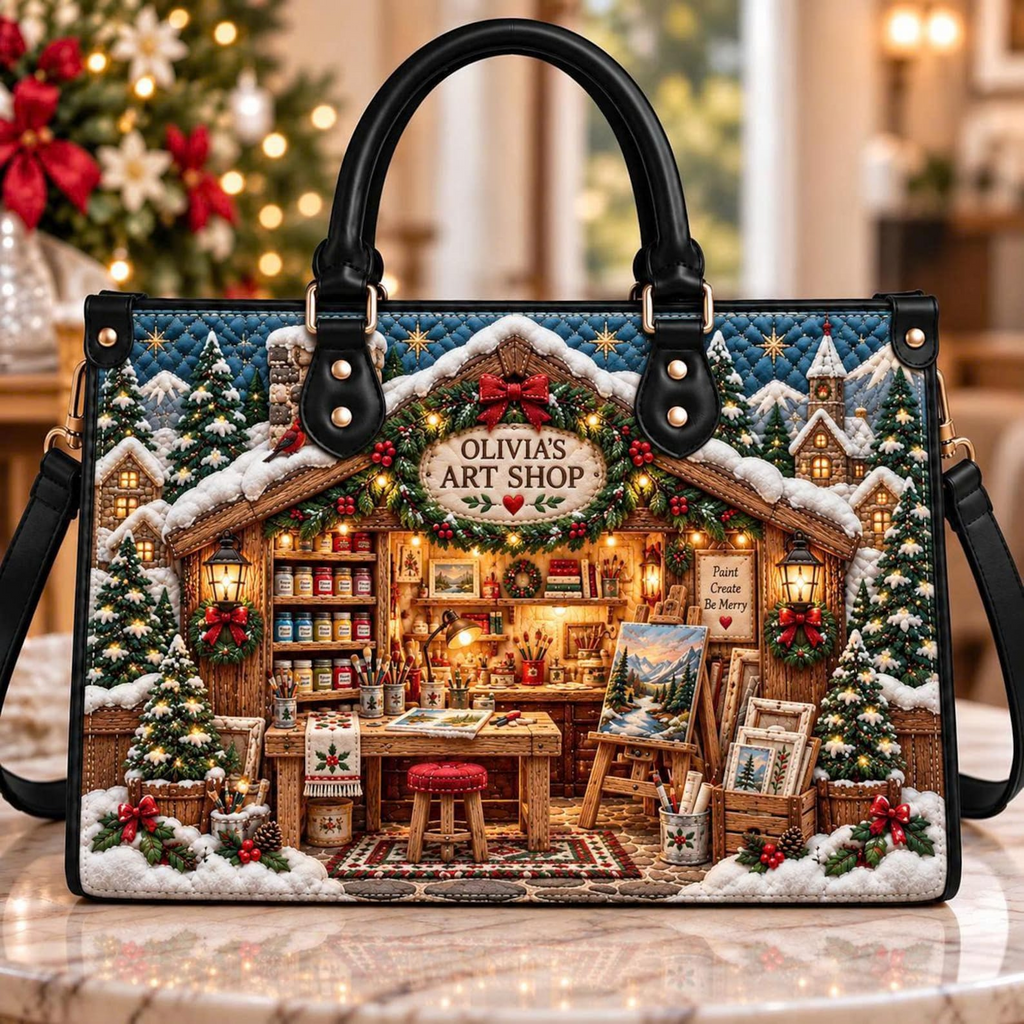 Cozy Christmas Art Studio | Personalized Leather Handbag for Artists & Painters