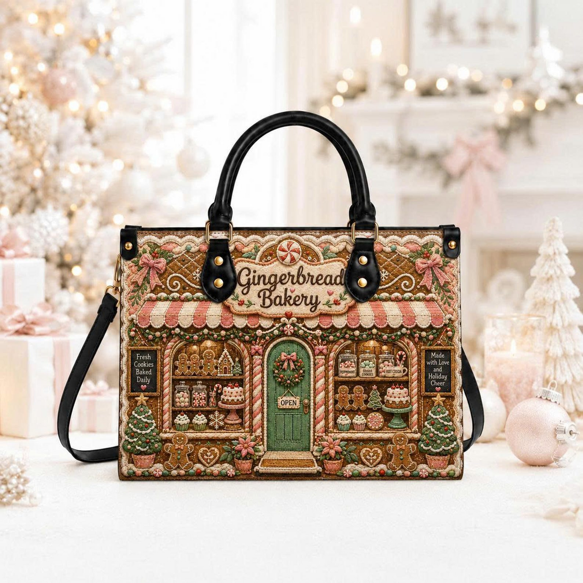 Blush Gingerbread Bakery Charm | Personalized Christmas Leather Handbag for Women