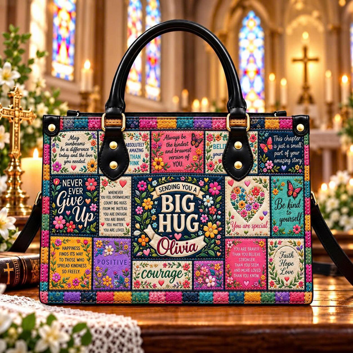 Personalized Sending You a Hug Floral Leather Handbag | Encouragement Gifts for Women