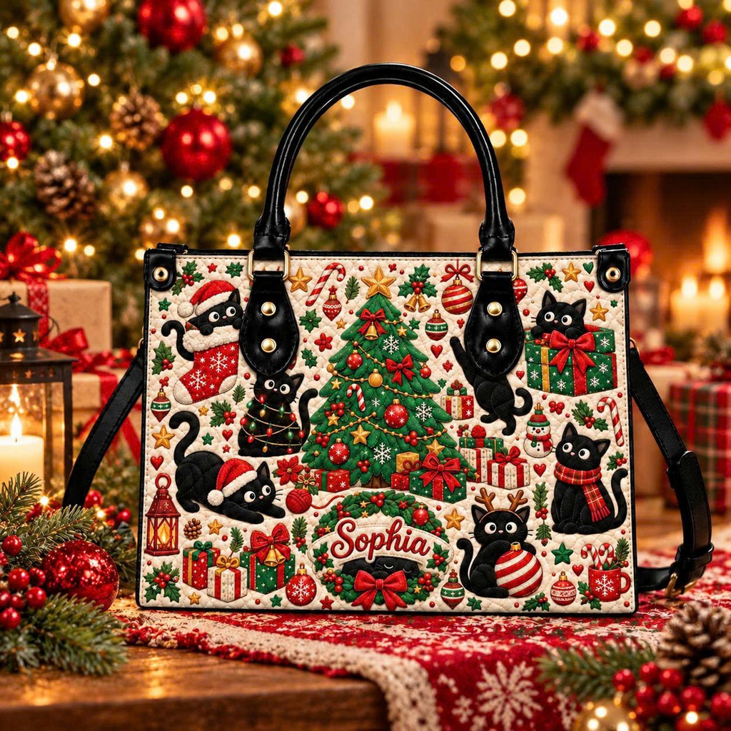 Black Cat Christmas Charm | Personalized Holiday Leather Handbag for Cat Lovers