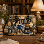 Personalized Blue Floral Reading Girl & Cat Leather Handbag | Book Lovers & Teachers | 3DH--007
