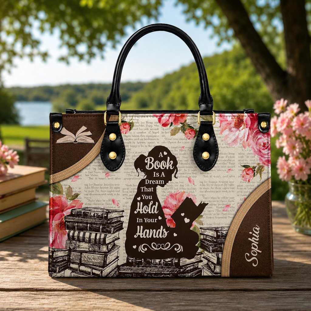 Personalized Floral Book & Coffee Leather Handbag | Book Lovers & Coffee Lovers | Handbag-003-Huy