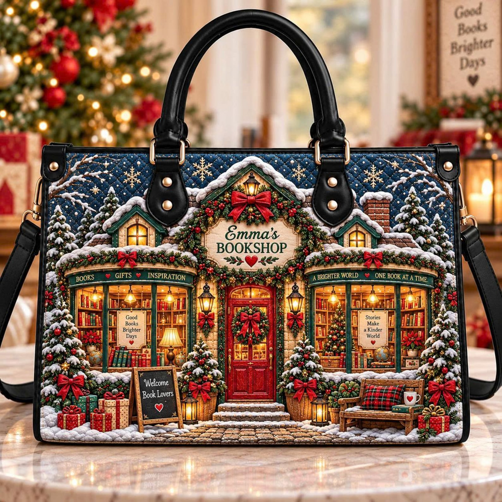 Holly & Snow Christmas Bookshop | Personalized Leather Handbag for Book Lovers
