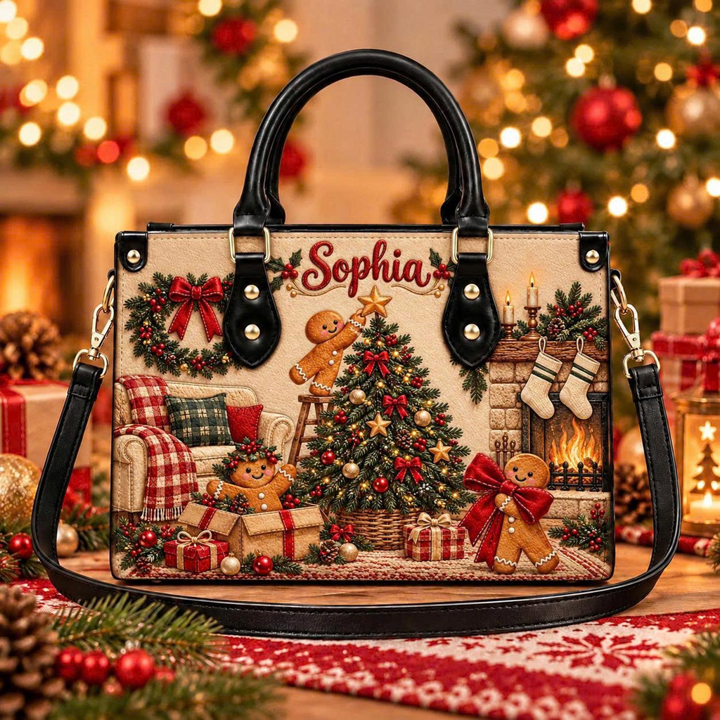 Cozy Gingerbread Christmas Charm | Personalized Christmas Tree Leather Handbag for Women