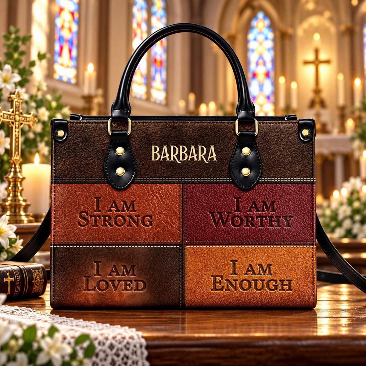 Strong, Worthy, Loved & Enough | Personalized Christian Leather Handbag for Women