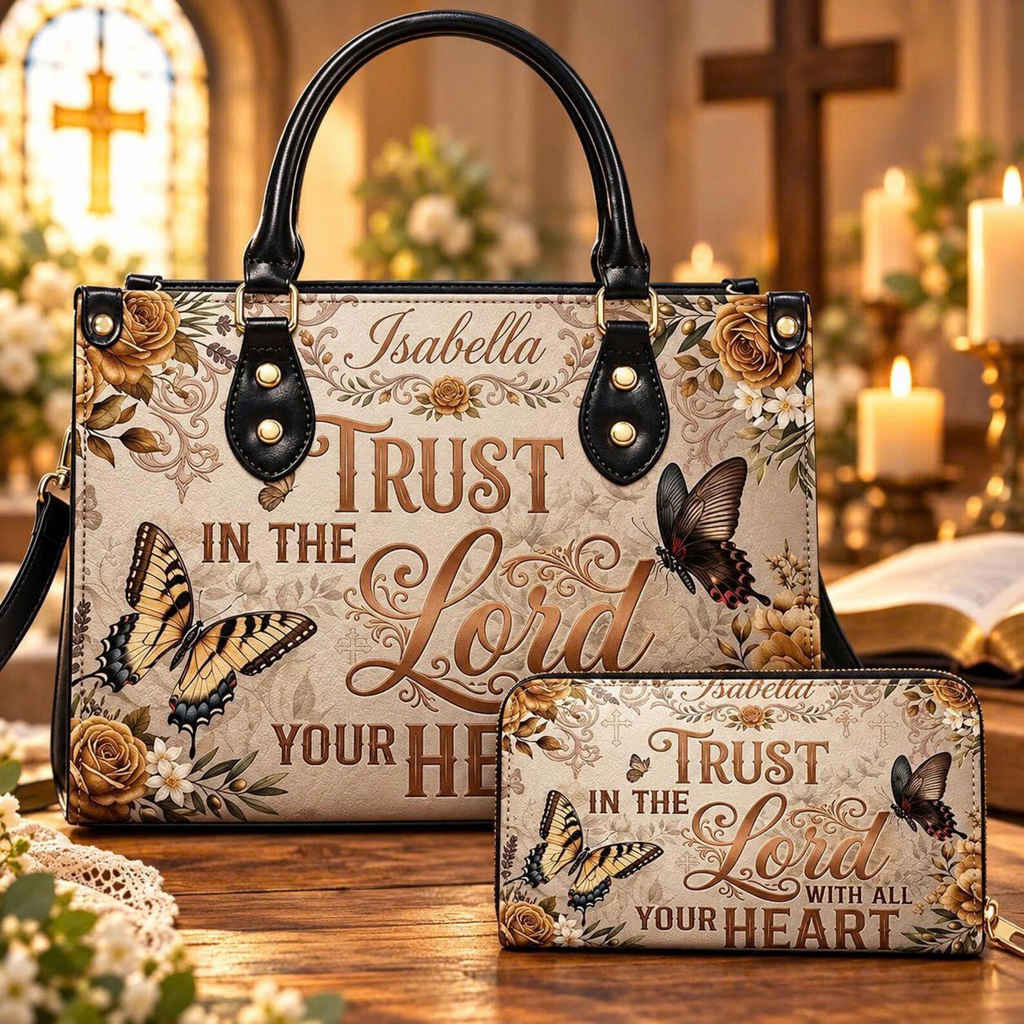 Personalized Trust in the Lord Butterfly Floral Leather Handbag | Christian Women & Faith Lovers