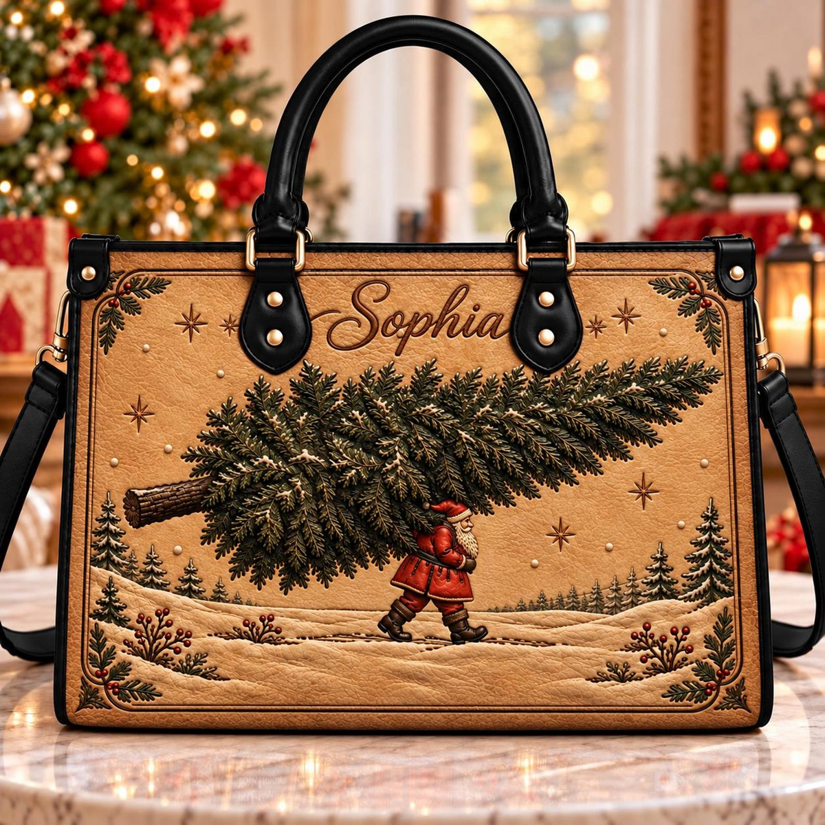 Vintage Santa Christmas Charm | Personalized Santa Carrying Tree Leather Handbag for Women