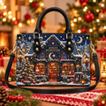 Starry Winter Bookshop | Personalized Celestial Christmas Leather Handbag for Book Lovers