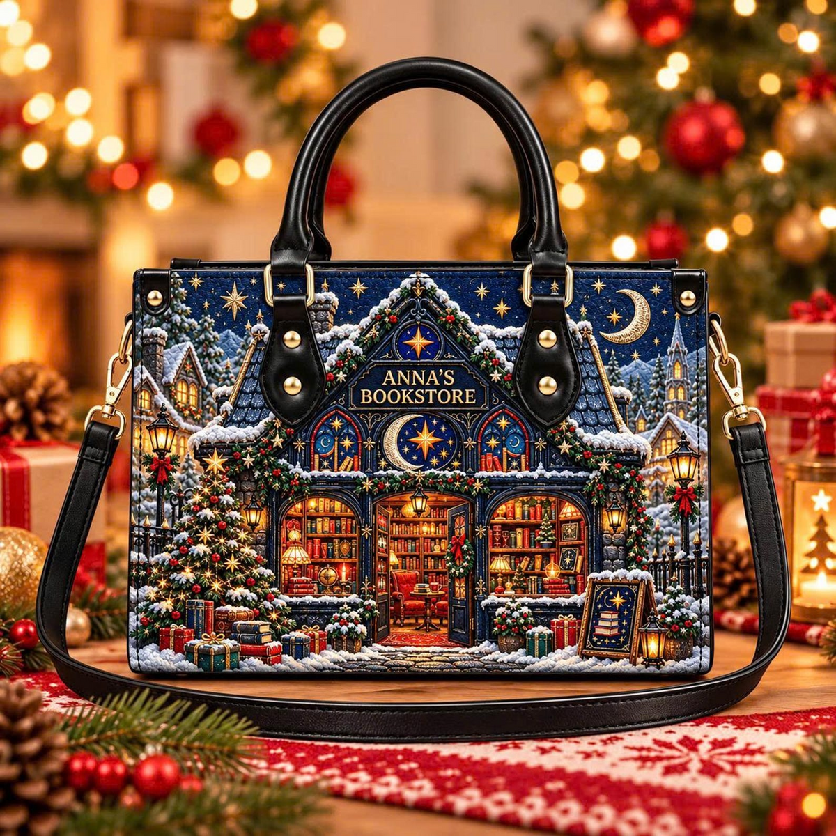 Starry Winter Bookshop | Personalized Celestial Christmas Leather Handbag for Book Lovers