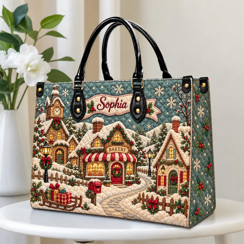 Snowy Christmas Bakery Village | Personalized Quilted Style Leather Handbag for Women