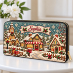 Snowy Christmas Bakery Village | Personalized Quilted Style Leather Handbag for Women