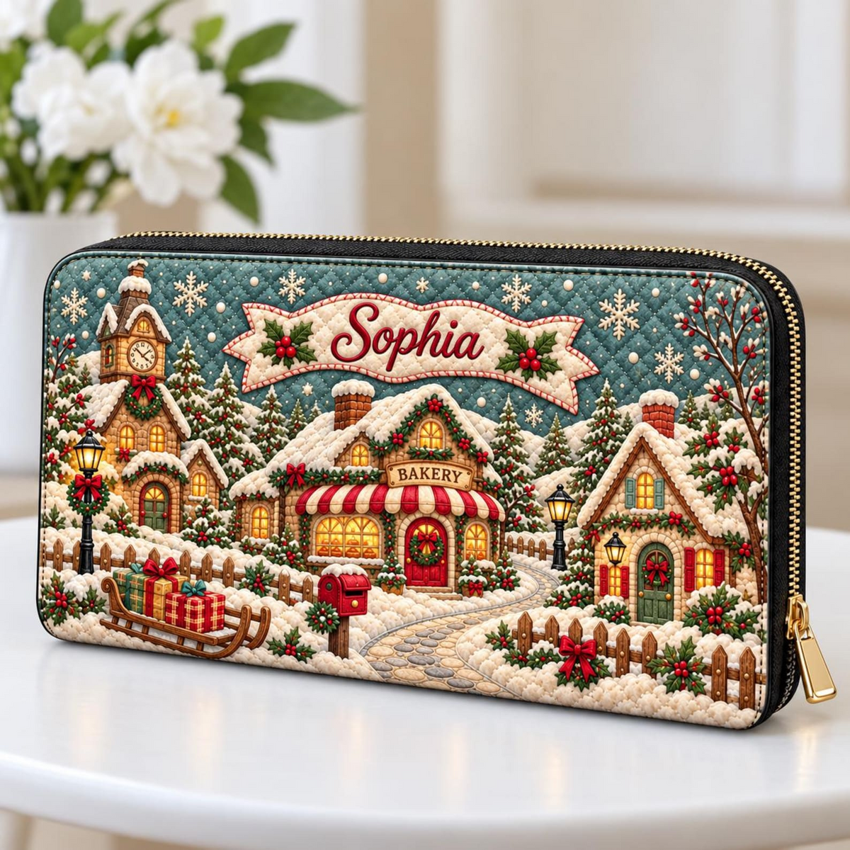 Snowy Christmas Bakery Village | Personalized Quilted Style Leather Handbag for Women