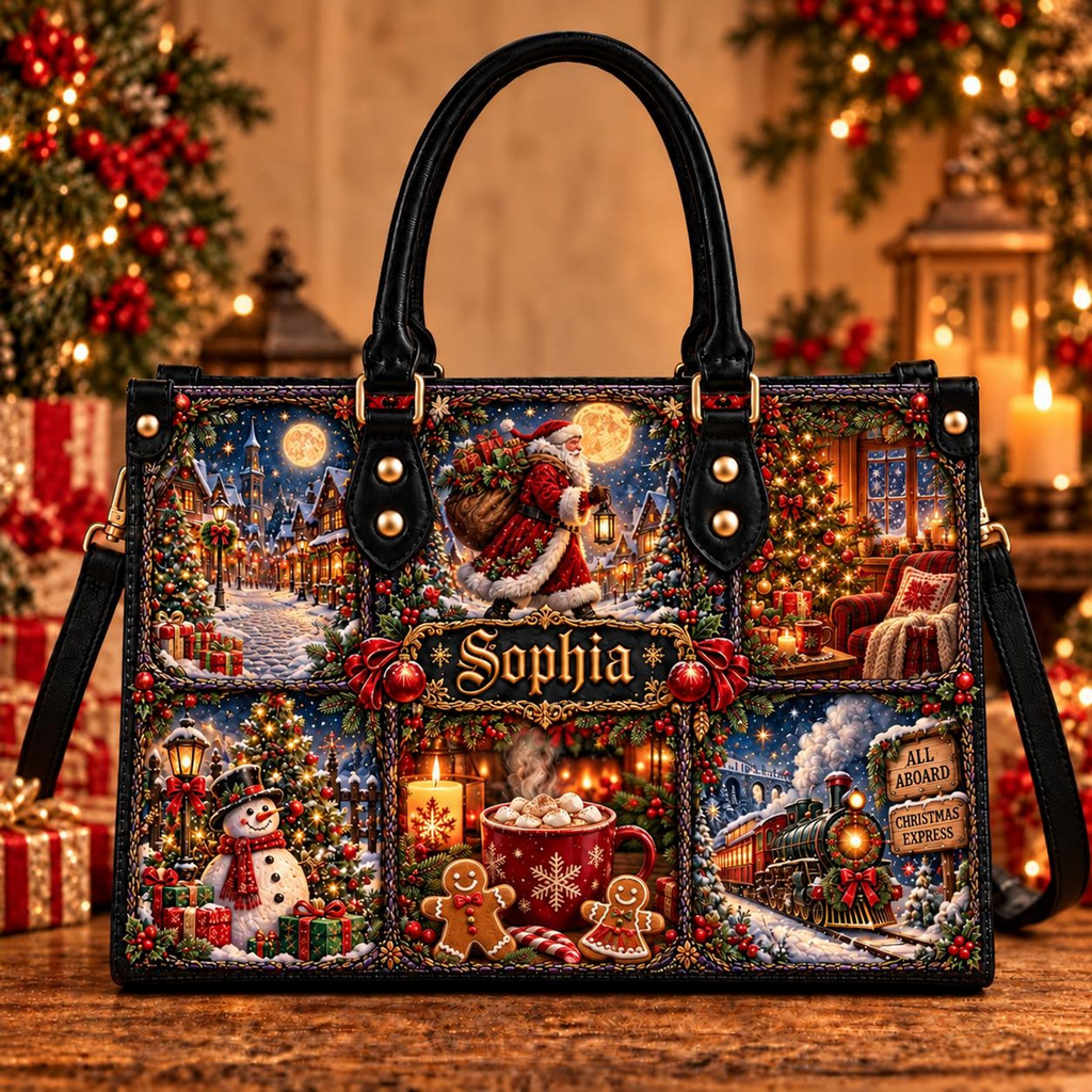 Cozy Christmas Patchwork Charm | Personalized Santa & Gingerbread Faux Leather Handbag for Women