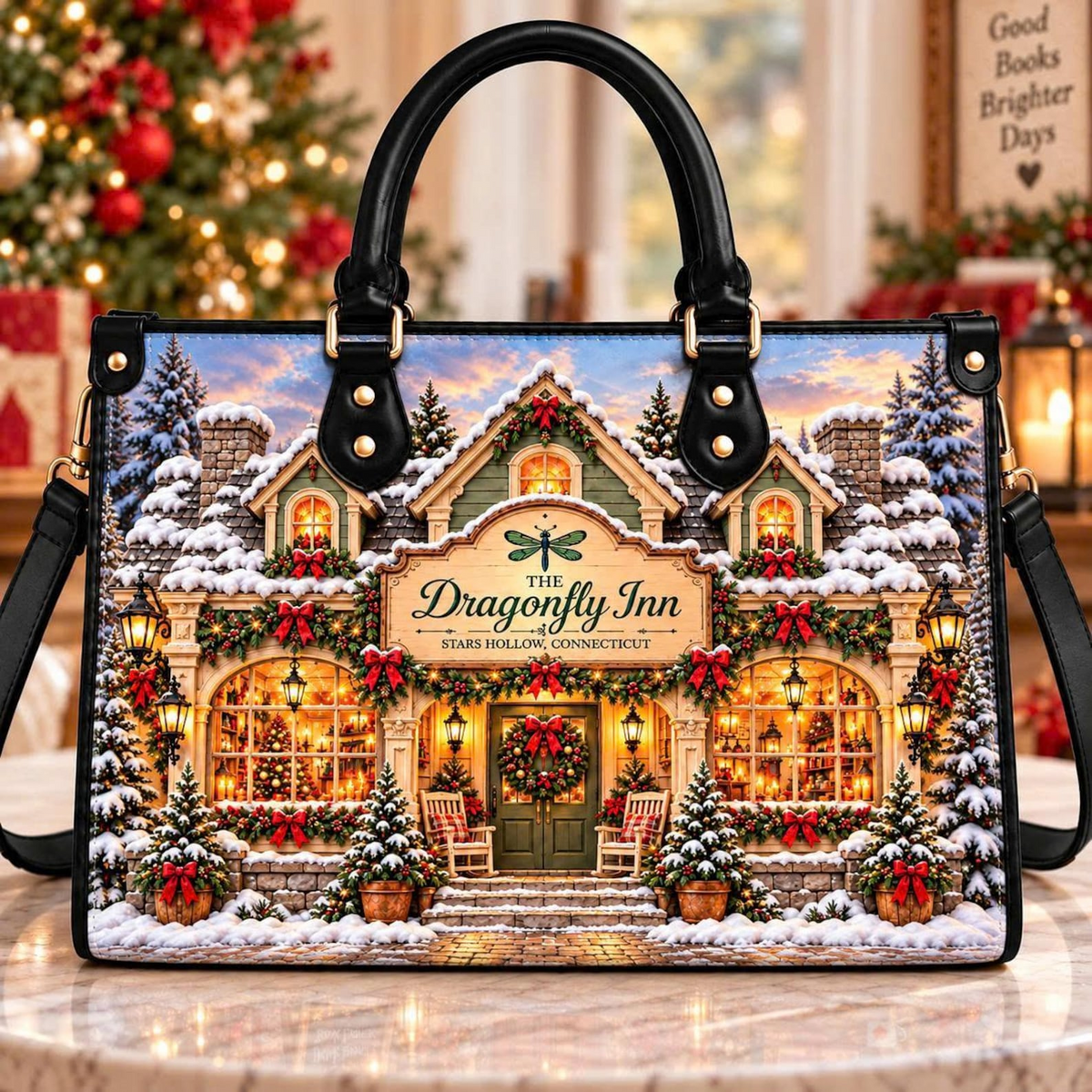 Cozy Winter Inn Christmas Charm | Personalized Leather Handbag for Book Lovers