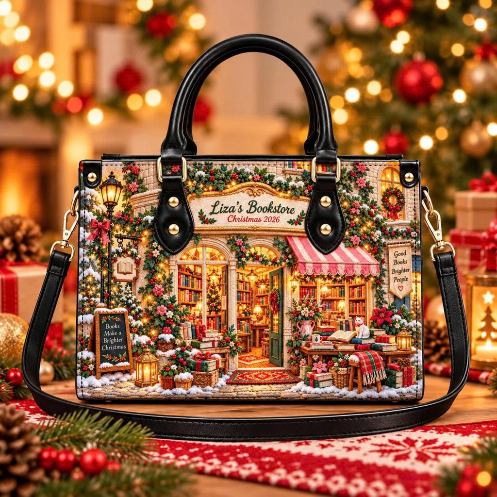 Cozy Christmas Bookshop Charm | Personalized Leather Handbag for Book Lovers