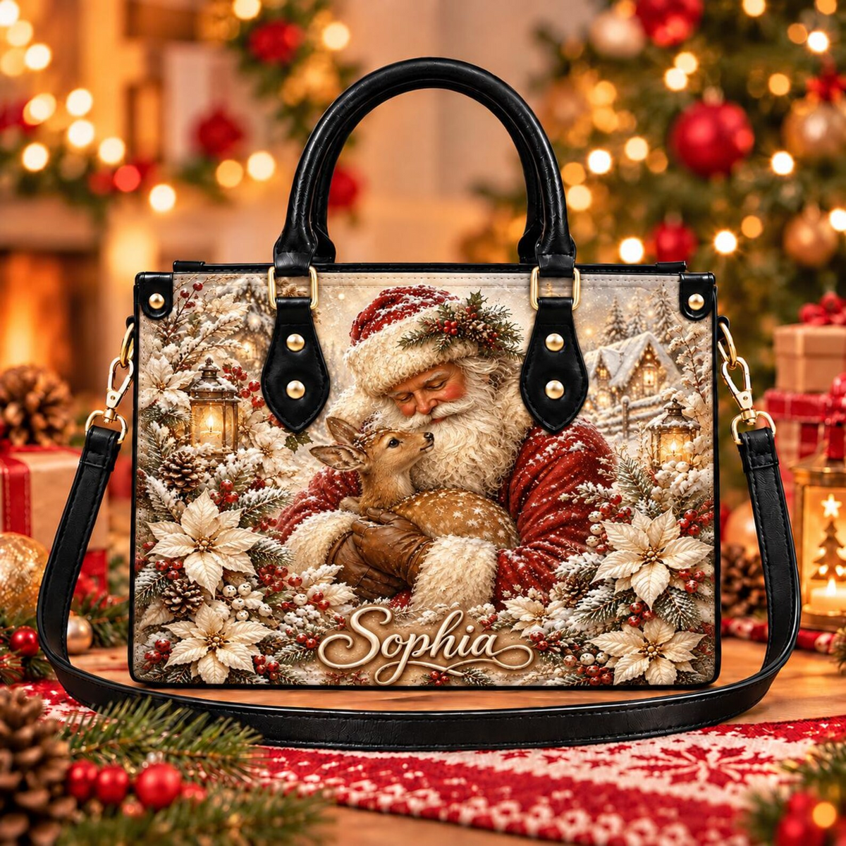 Vintage Santa & Reindeer Charm | Personalized Christmas Leather Handbag for Women