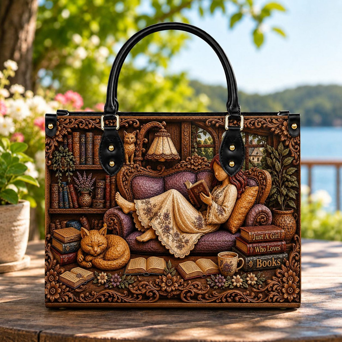 Personalized Vintage Cat Library Leather Handbag | Book Lovers & Readers | Handbag-003-HUY