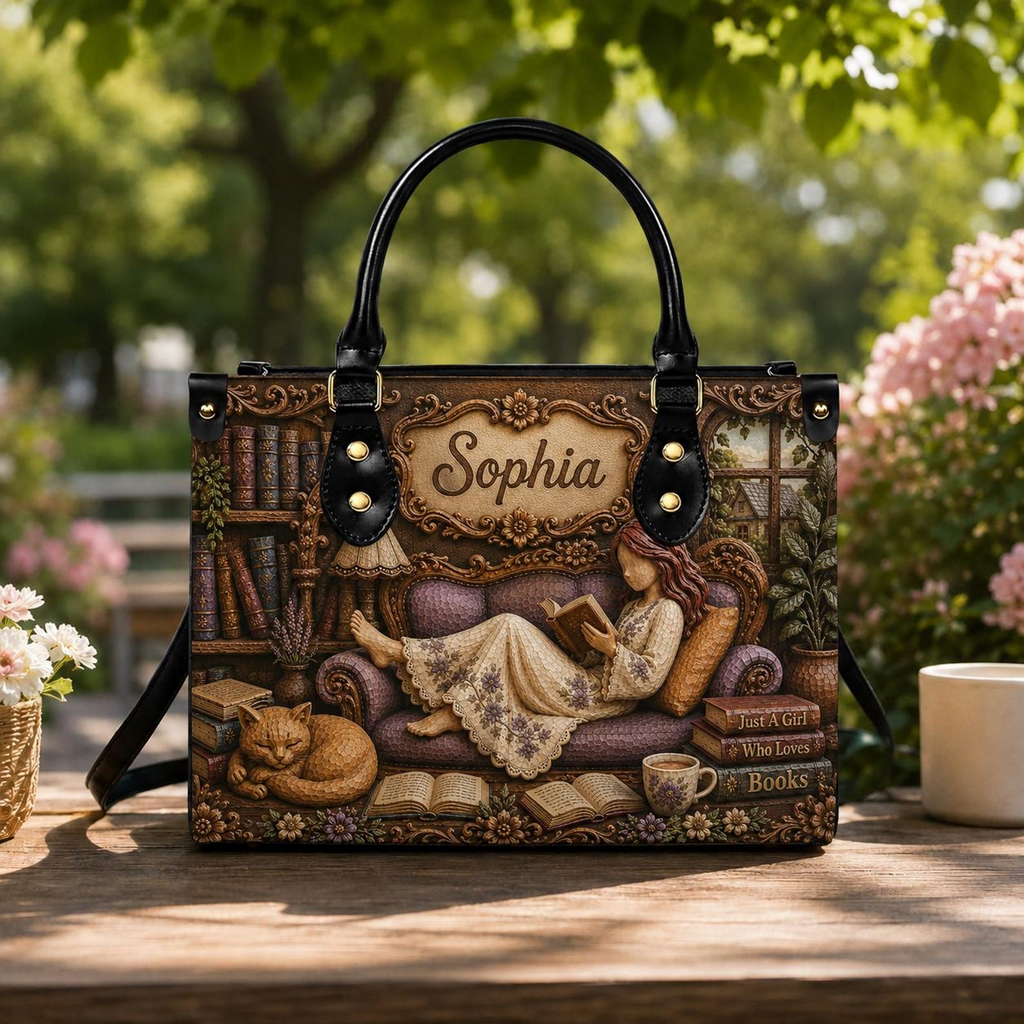 Personalized Vintage Cat Library Leather Handbag | Book Lovers & Readers | Handbag-003-HUY