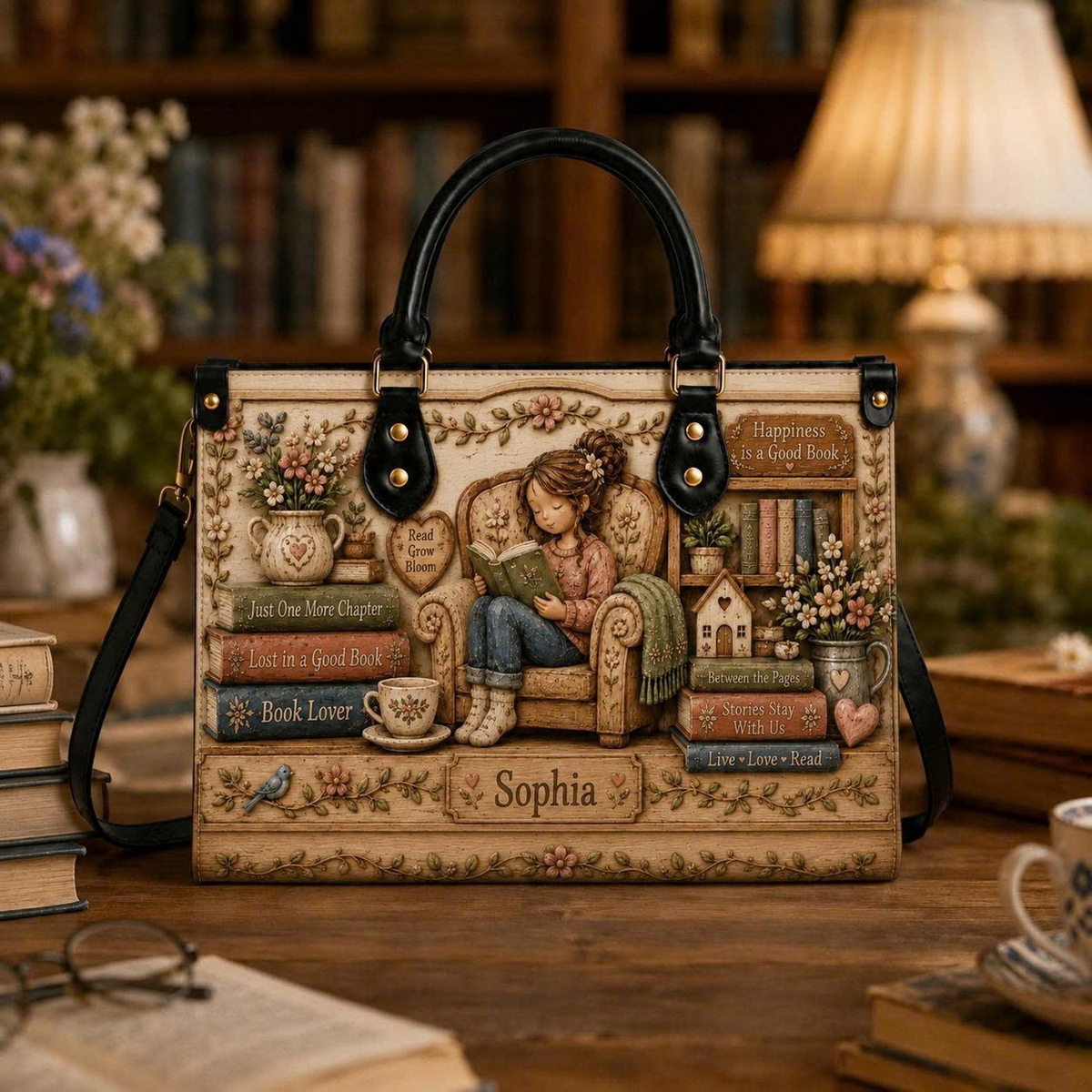 Personalized Cozy Floral Reading Girl Leather Handbag | Book Lovers & Teachers | 3DH--007