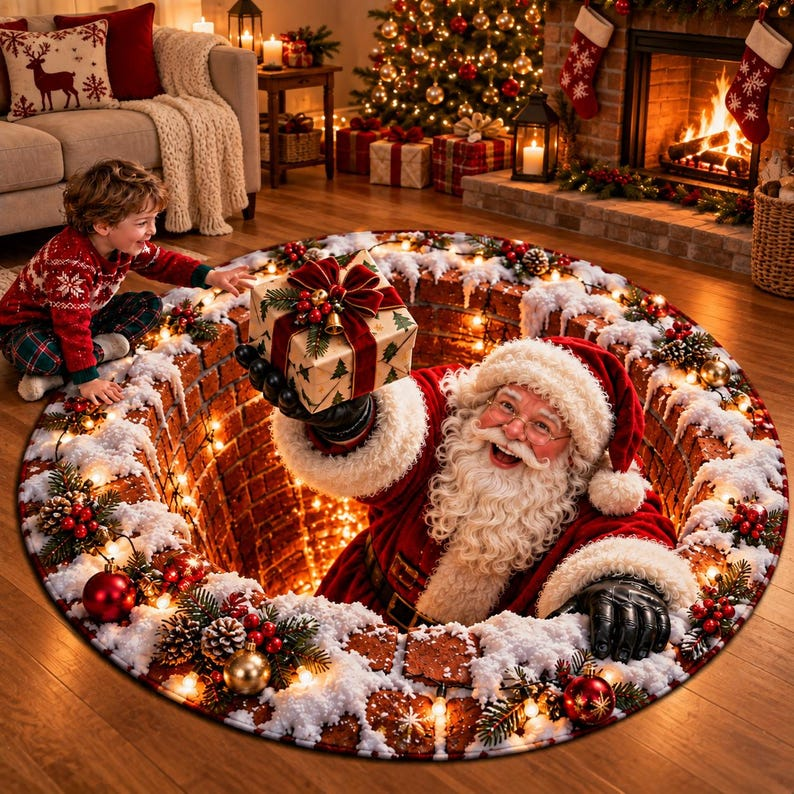 Santa Christmas Round Rug, 3D Hole Illusion Area Rug | 26-09-KN27