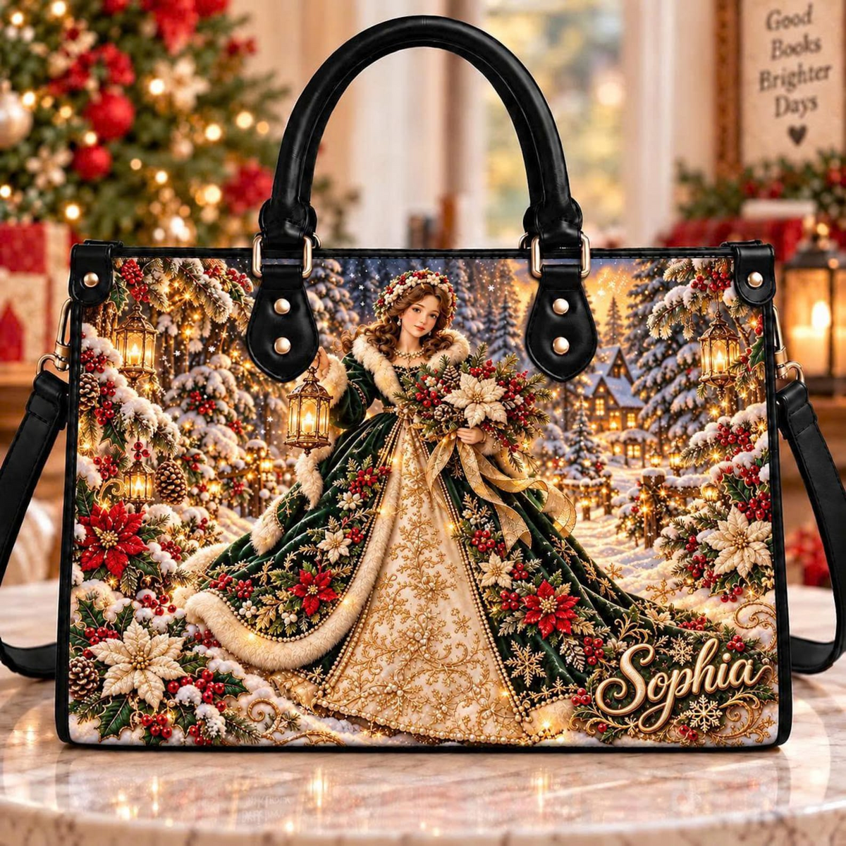 Victorian Christmas Elegance | Personalized Winter Leather Handbag for Women