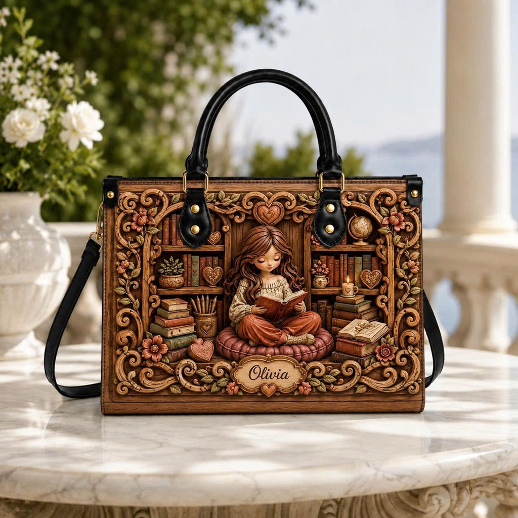 Personalized Cozy Reading Girl Leather Handbag | Book Lovers & Teachers | 3DH--006