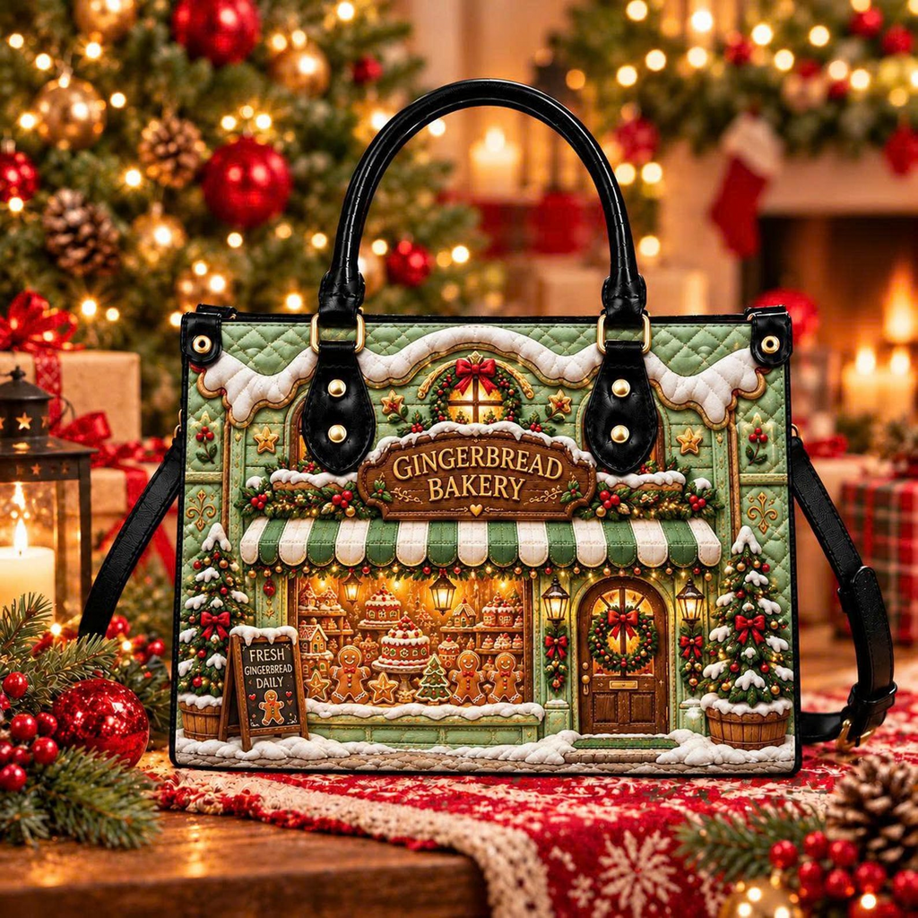 Cozy Gingerbread Bakery Charm | Personalized Christmas Leather Handbag for Women