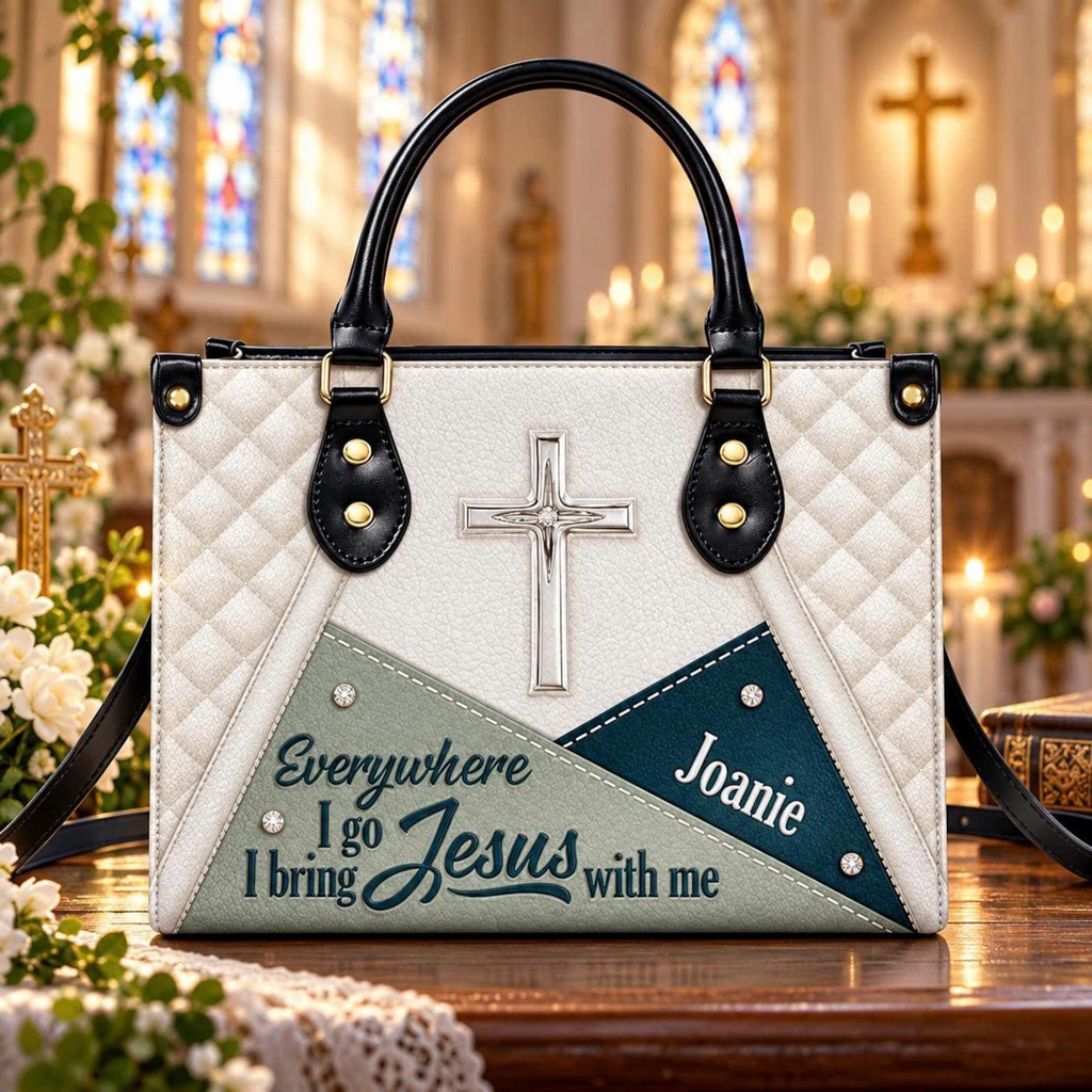 Everywhere I Go, I Bring Jesus | Personalized Christian Leather Handbag for Women