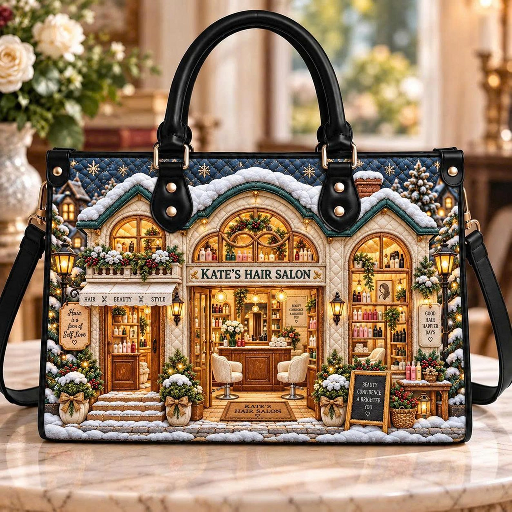 Snowy Christmas Hair Salon Elegance | Personalized Leather Handbag for Hairstylists & Hairdressers