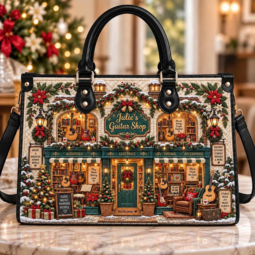 Cozy Christmas Guitar Shop | Personalized Leather Handbag for Guitar & Music Lovers