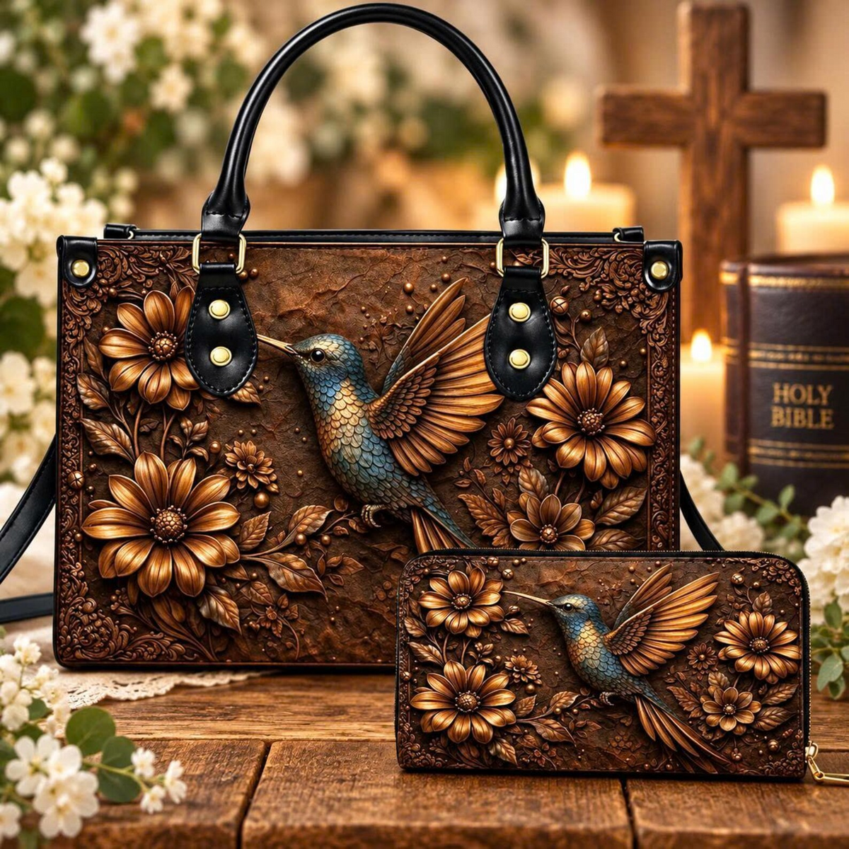 Personalized Vintage Embossed Hummingbird Leather Handbag | Bird & Nature Lovers