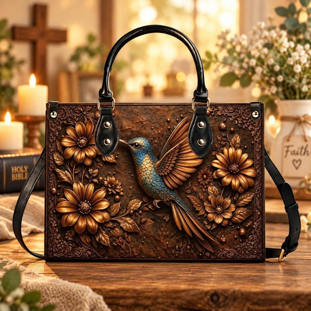 Personalized Vintage Embossed Hummingbird Leather Handbag | Bird & Nature Lovers