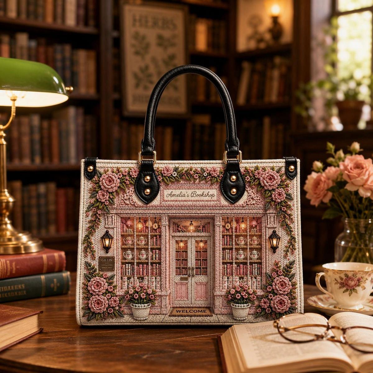 Personalized Pink Cottagecore Bookshop Leather Handbag | Book Lovers & Readers | 3DH--003