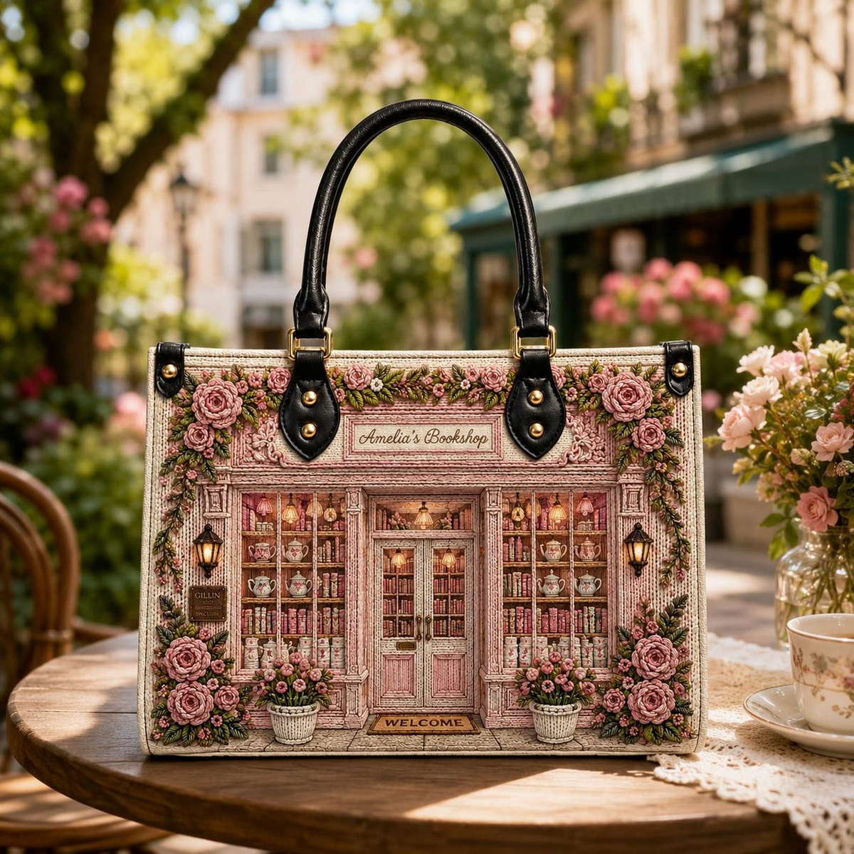 Personalized Pink Cottagecore Bookshop Leather Handbag | Book Lovers & Readers | 3DH--003