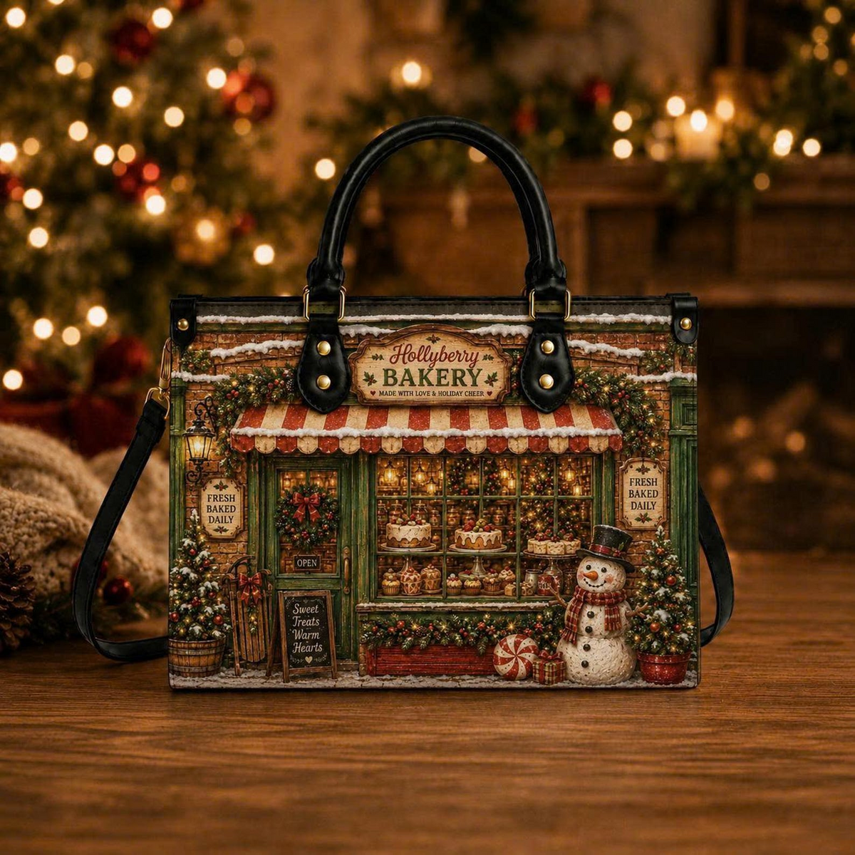 Vintage Hollyberry Christmas Bakery | Personalized Leather Handbag for Bakers & Women