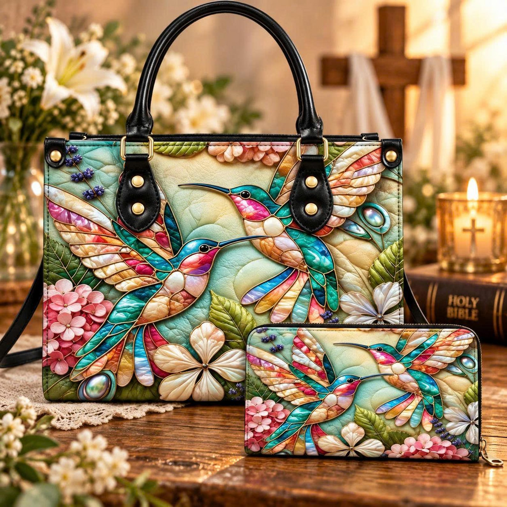 Personalized Colorful Stained Glass Hummingbird Leather Handbag | Bird & Nature Lovers