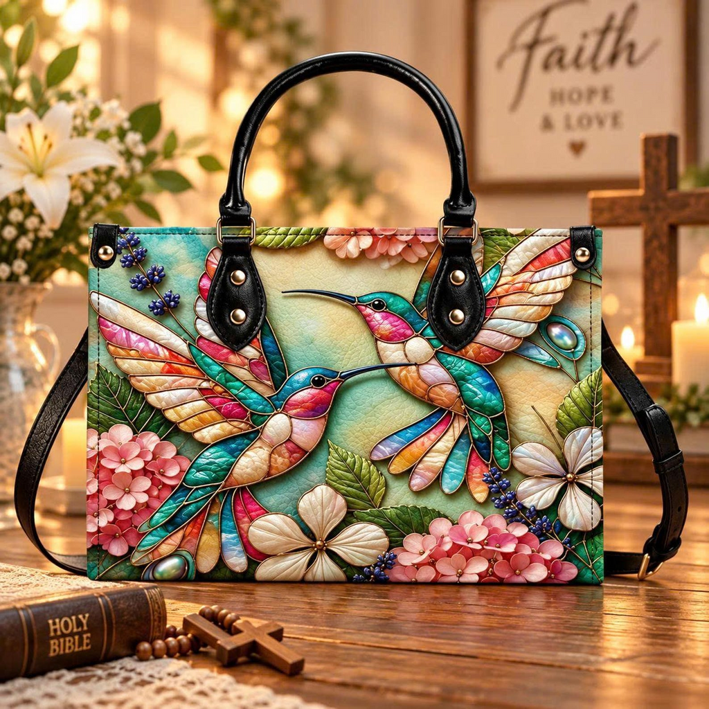 Personalized Colorful Stained Glass Hummingbird Leather Handbag | Bird & Nature Lovers