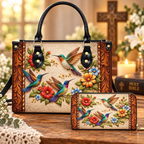 Personalized Vintage Floral Hummingbird Leather Handbag | Bird & Garden Lovers