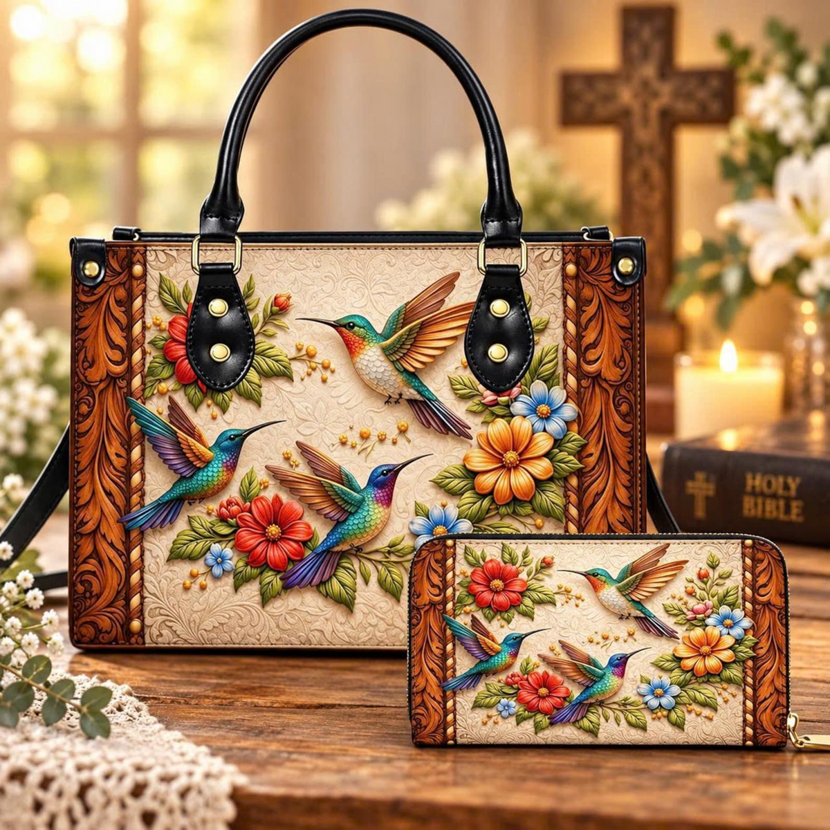 Personalized Vintage Floral Hummingbird Leather Handbag | Bird & Garden Lovers