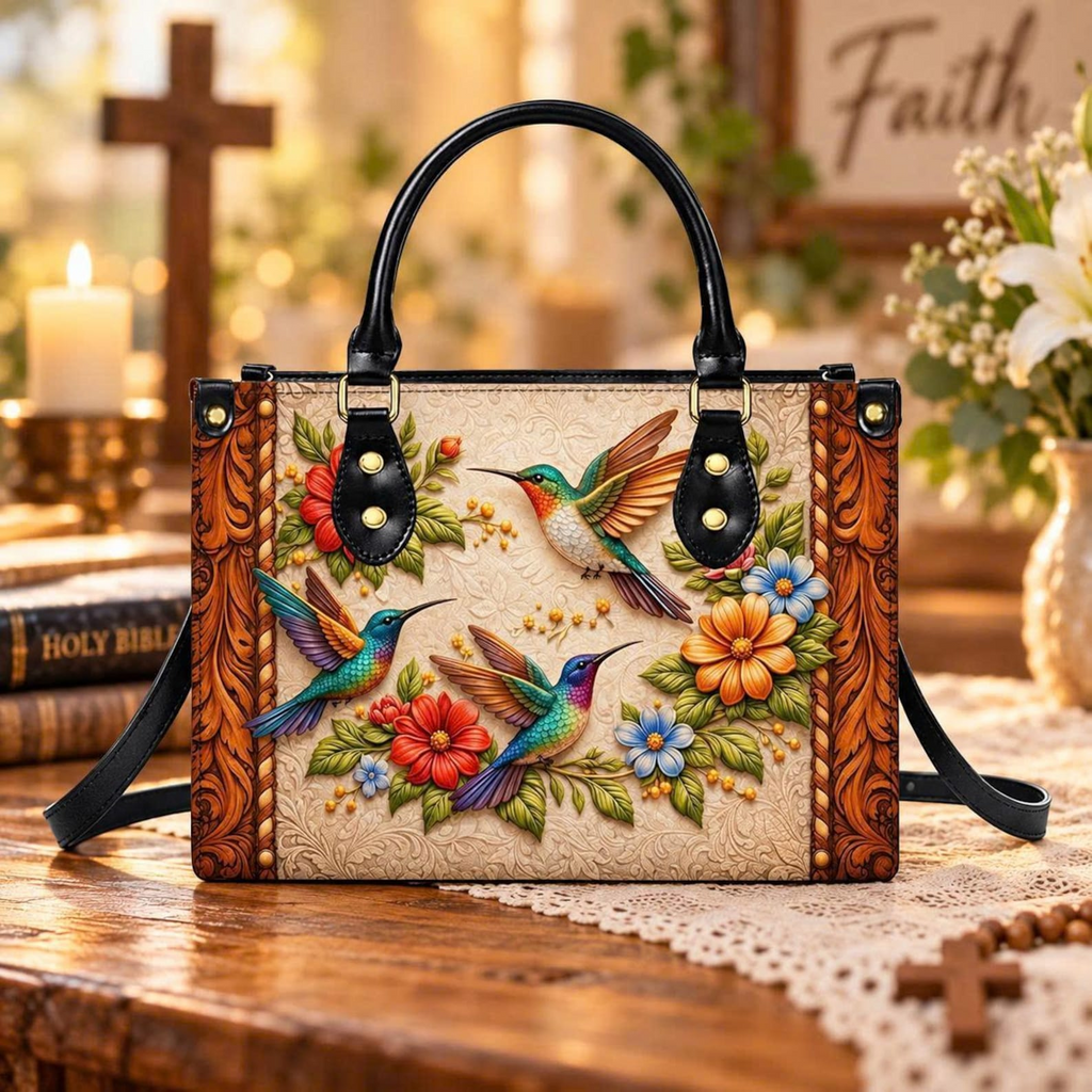 Personalized Vintage Floral Hummingbird Leather Handbag | Bird & Garden Lovers