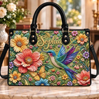 Personalized Floral Hummingbird Quilted Leather Handbag | Bird & Nature Lovers