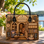 Personalized Cozy Cat Bookshop Leather Handbag | Cat Lovers & Book Readers | handbag-book09