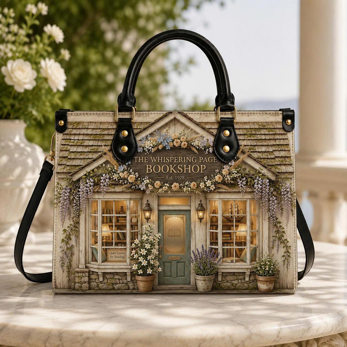 Personalized Vintage Floral Bookshop Leather Handbag | Book Lovers & Readers | 3DH--011