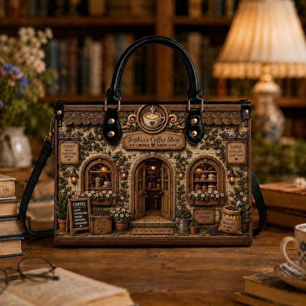 Personalized Vintage Coffee Shop Leather Handbag | Coffee Lovers & Women | 3DH--007