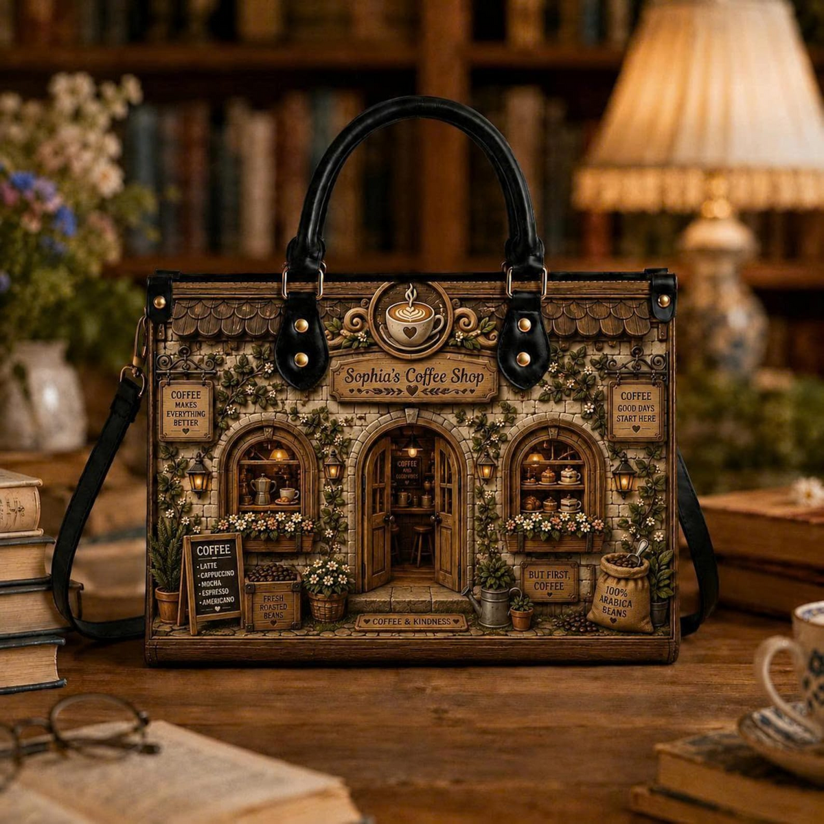 Personalized Vintage Coffee Shop Leather Handbag | Coffee Lovers & Women | 3DH--007